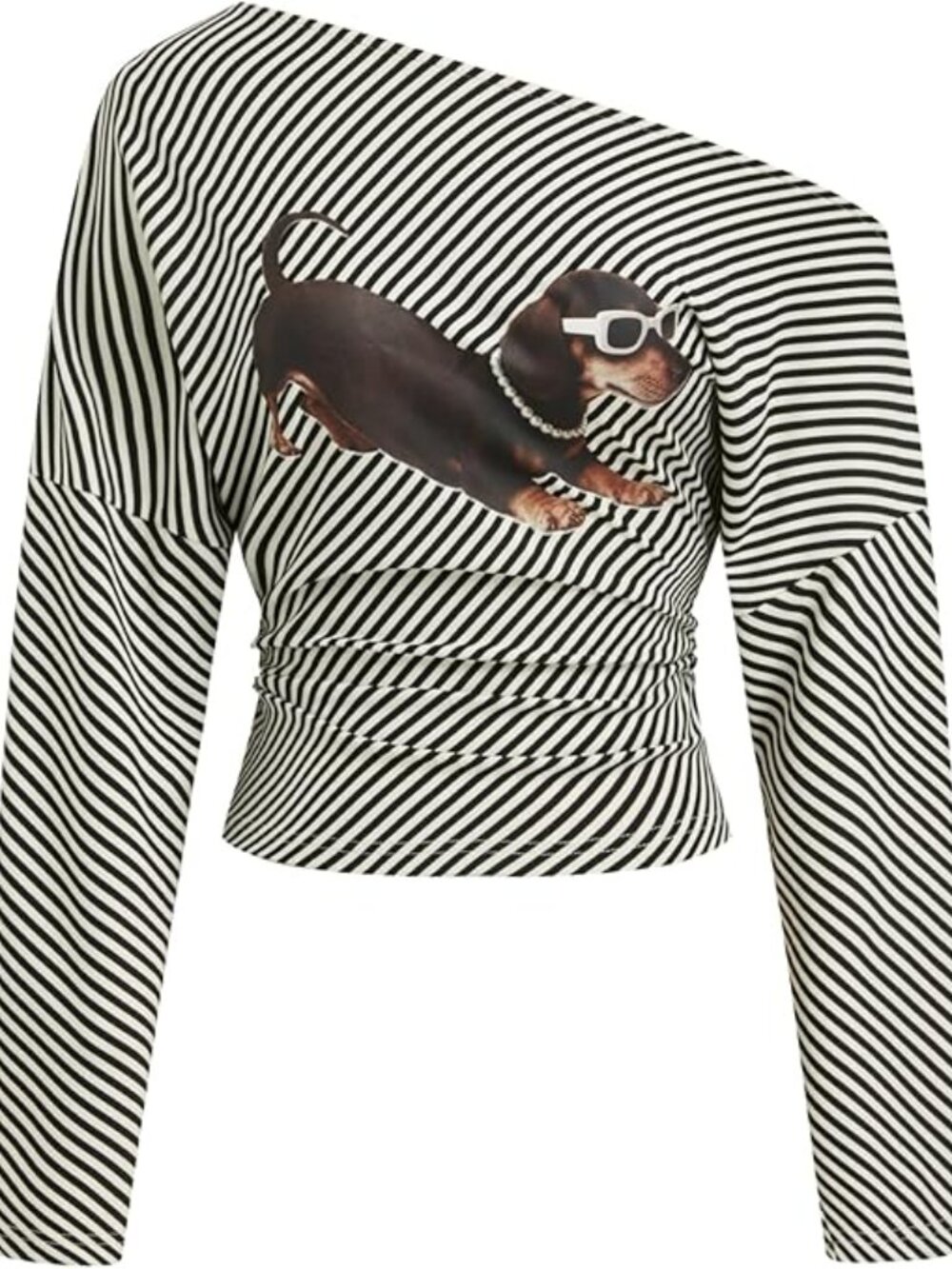 New‎ - Striped One Shoulder Dog Print Long Sleeve Top Trendy Tee Shirt